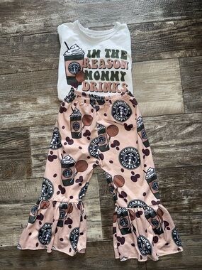 White & Blush Coffee Graphic Ruffle Pant Set